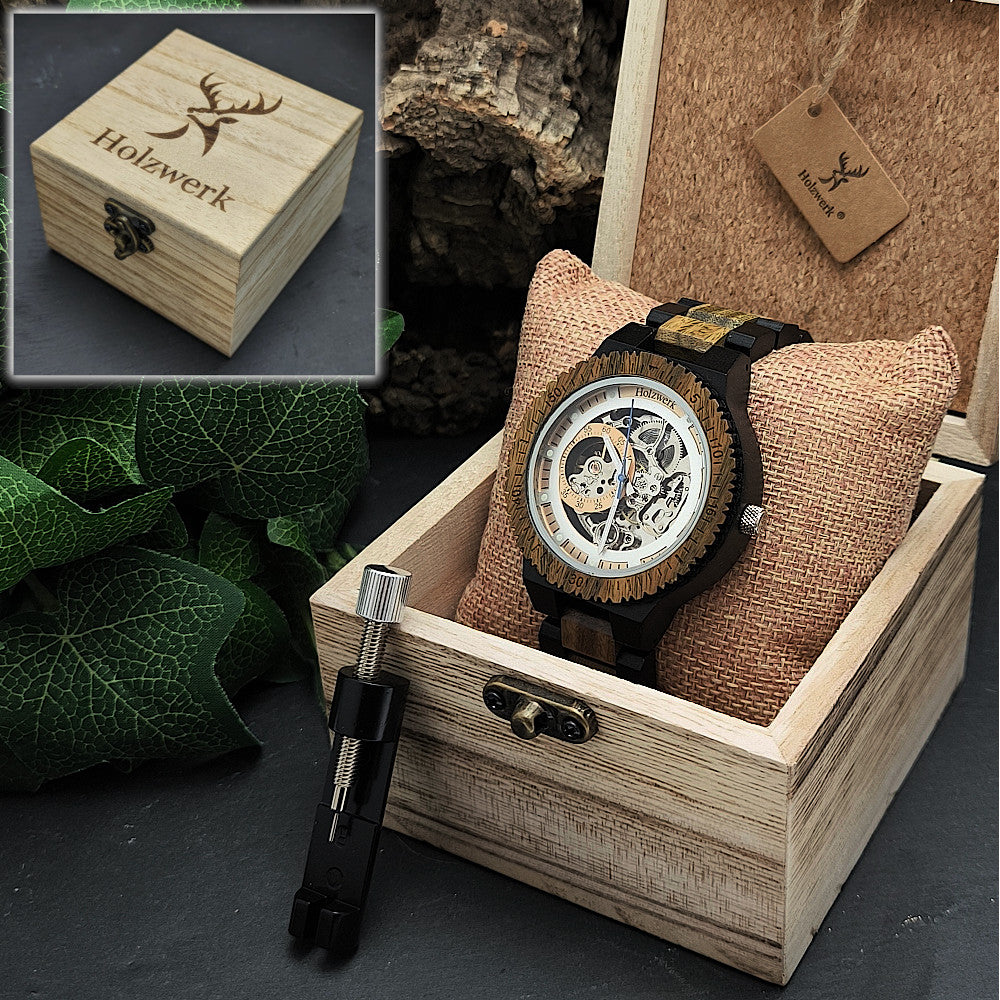 Holzwerk mechanische Herren Automatik Holz Uhr Braun Silber Weiß, Uhrenbox