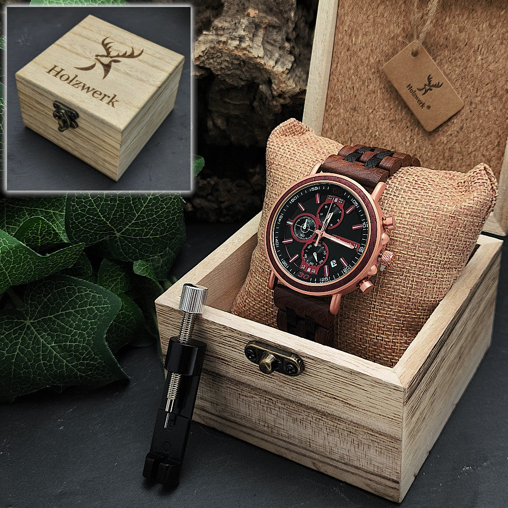 Holzwerk BELGERN Damen, Herren Chronograph Holz & Edelstahl Armband Uhr, Datum, moderne Armbanduhr, Holzuhr, braun, schwarz, rot, rose gold, Uhrenbox