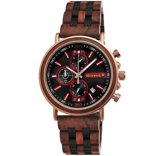 Holzwerk BELGERN Damen, Herren Chronograph Holz & Edelstahl Armband Uhr, Datum, moderne Armbanduhr, Holzuhr, braun, schwarz, rot, rose gold, Hauptbild