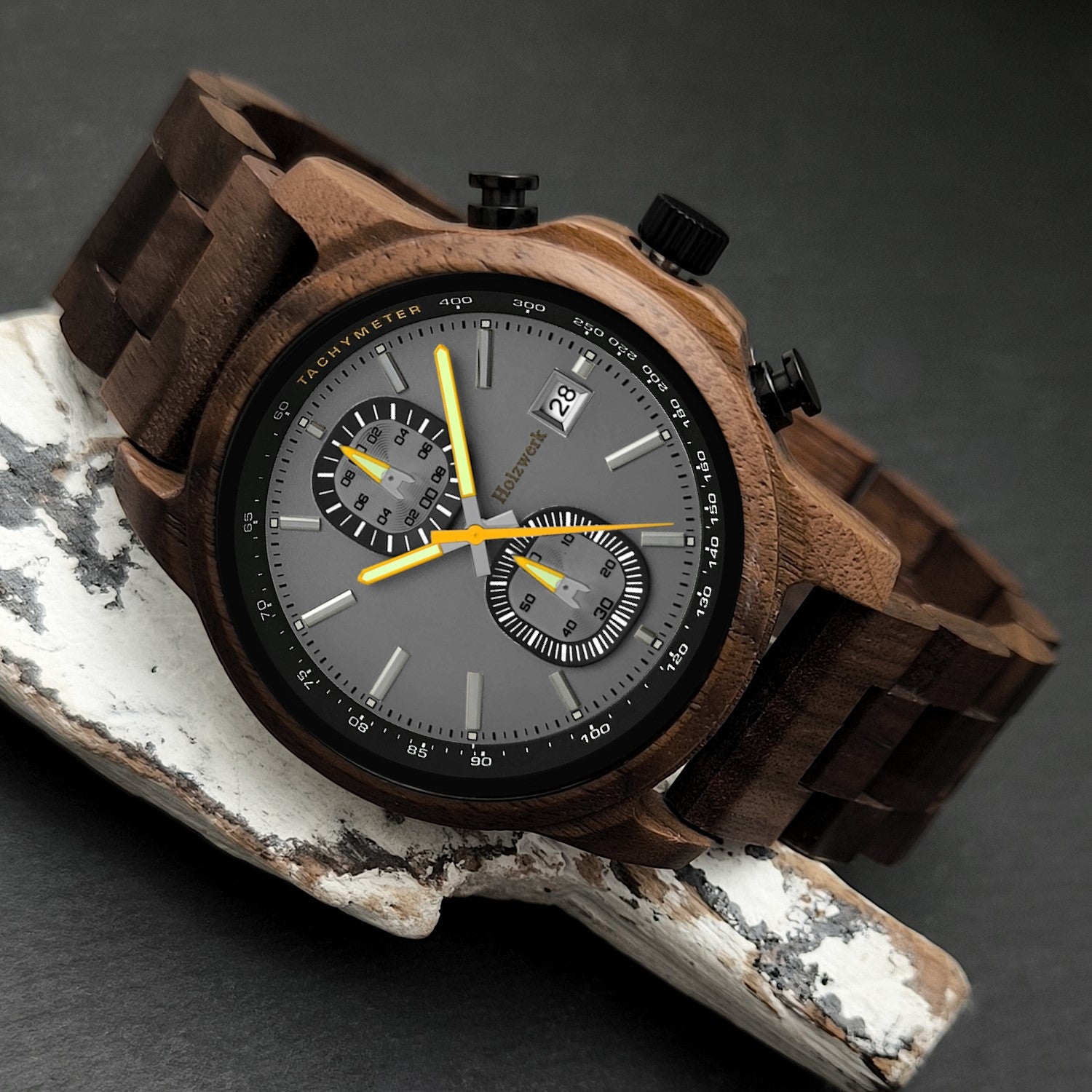 Holzwerk BERNBURG Holz Uhr Chronograph mit Datum, braun, grau, gelb, links liegend
