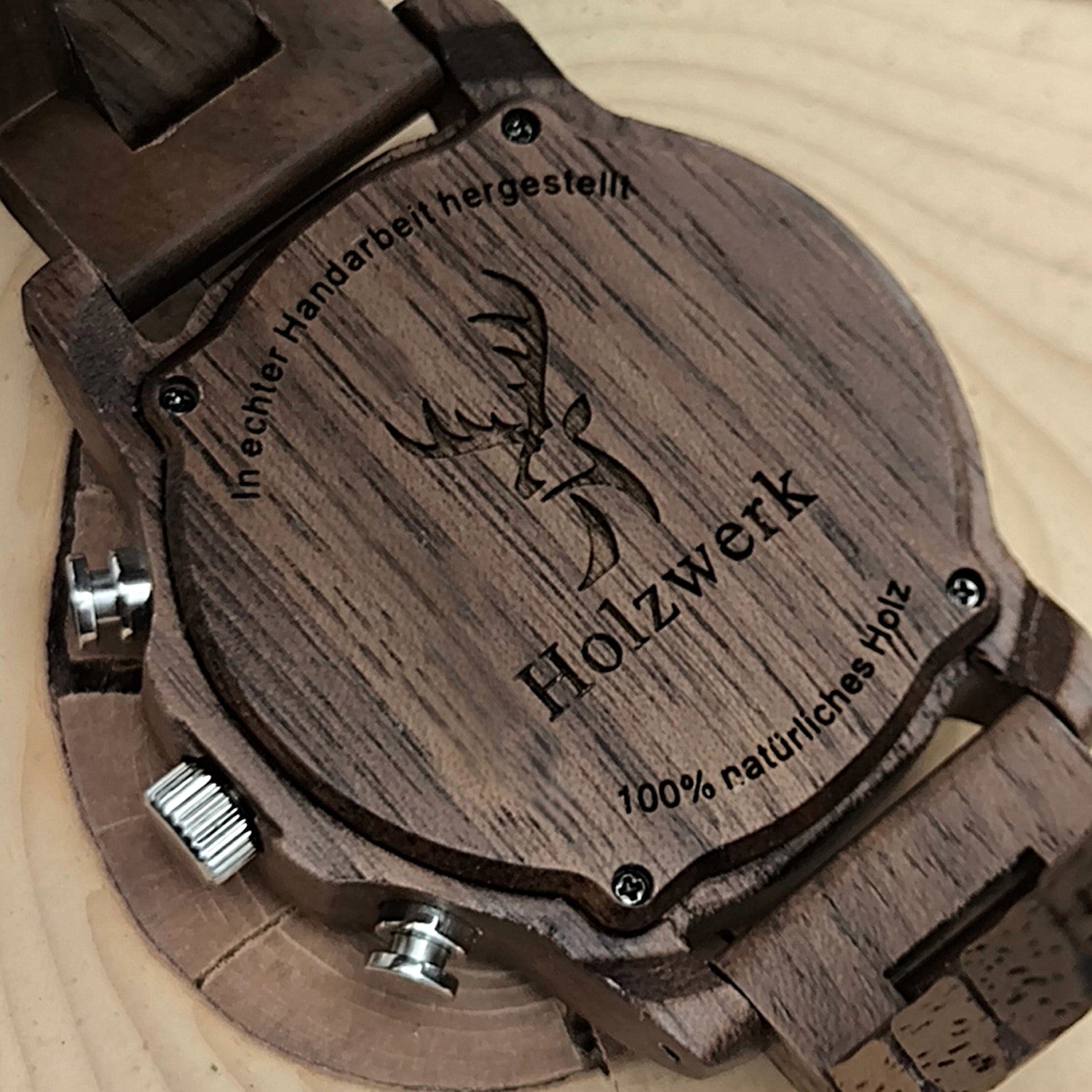 Holzwerk BERNBURG Holz Uhr Chronograph mit Datum, braun, grau, gelb, Gehäuseboden