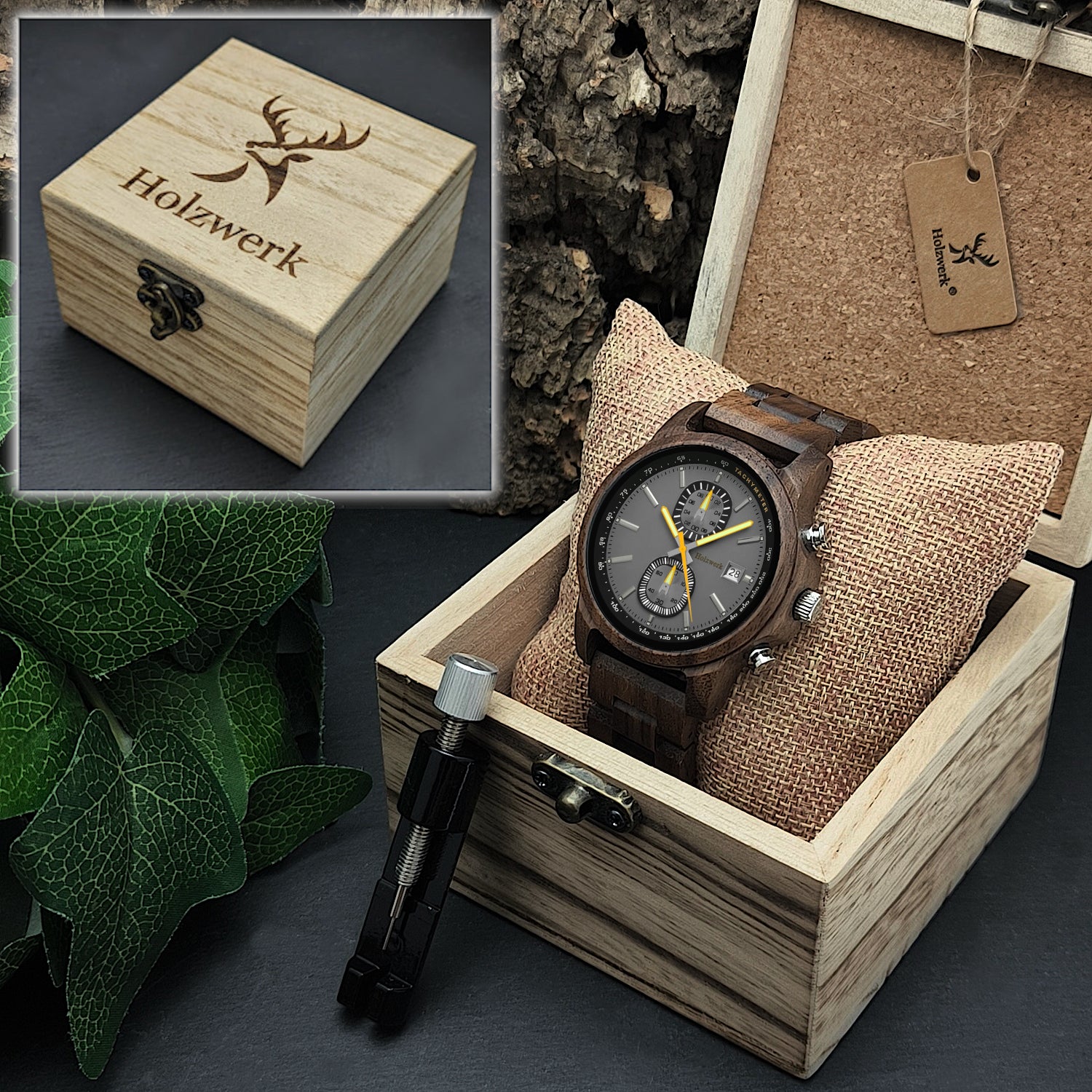 Holzwerk BERNBURG Holz Uhr Chronograph mit Datum, braun, grau, gelb, Uhrenbox