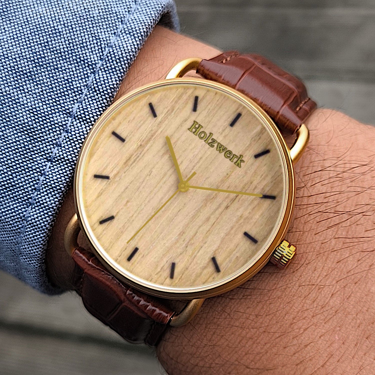 Holzwerk BRAMSTEDT moderne Leder & Edelstahl Holz Uhr, gold, braun, am Handgelenk