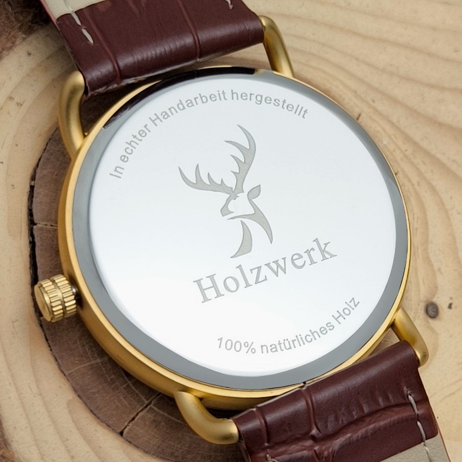 Holzwerk BRAMSTEDT moderne Leder & Edelstahl Holz Uhr, gold, braun, Gehäuseboden
