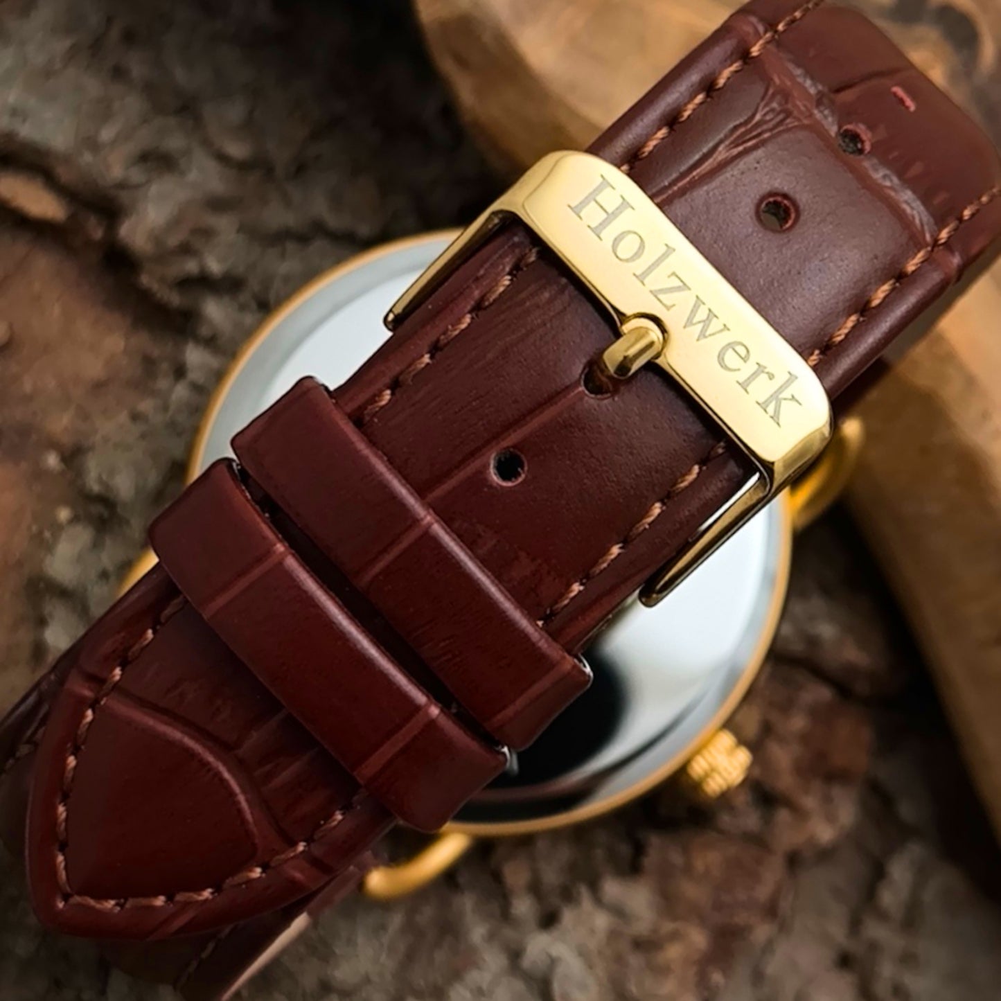 Holzwerk BRAMSTEDT moderne Leder & Edelstahl Holz Uhr, gold, braun, Armband