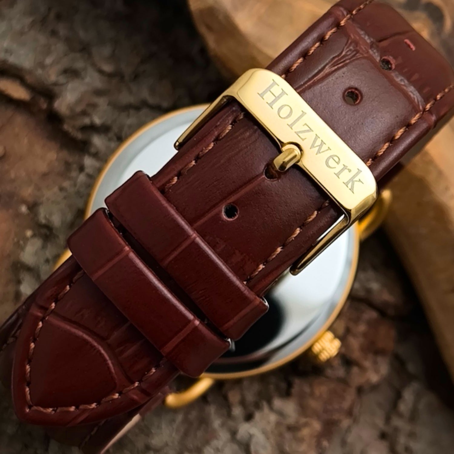 Holzwerk BRAMSTEDT moderne Leder & Edelstahl Holz Uhr, gold, braun, Armband