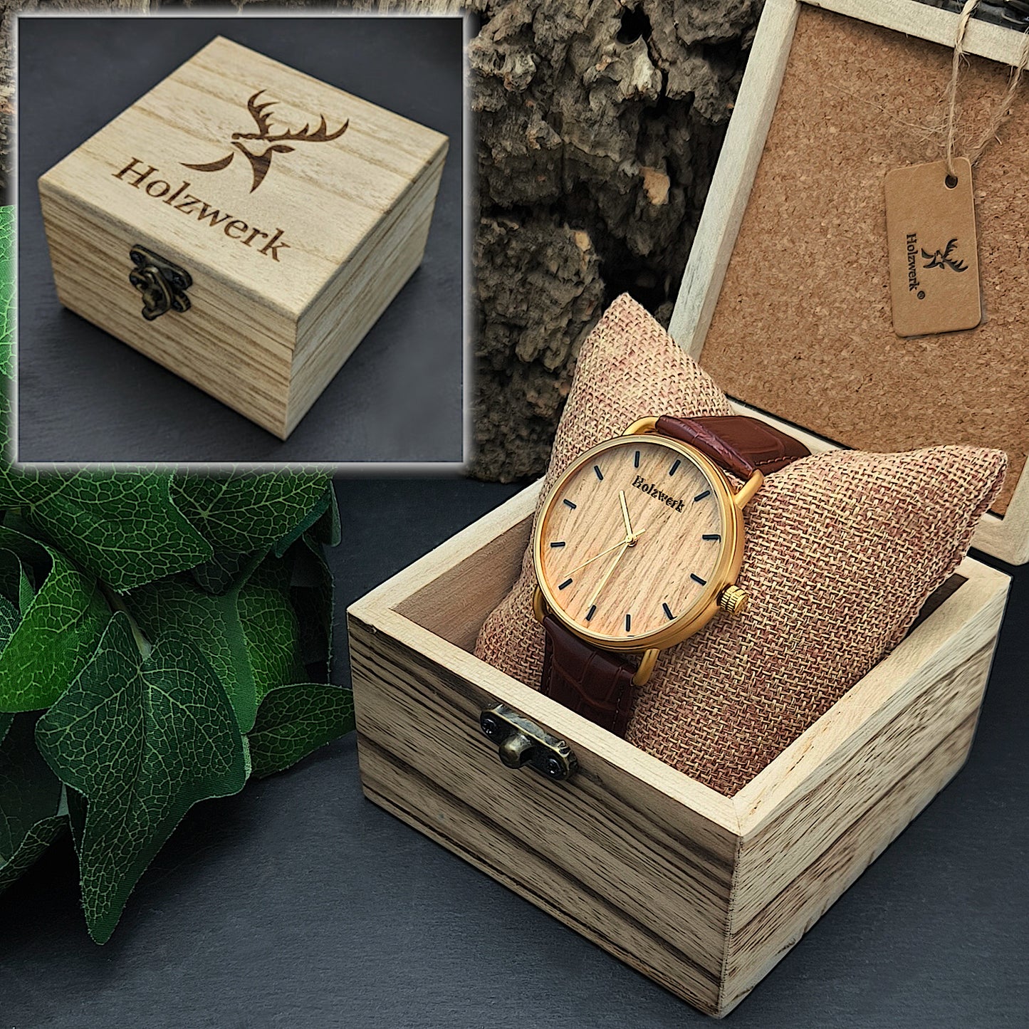 Holzwerk BRAMSTEDT moderne Leder & Edelstahl Holz Uhr, gold, braun, Uhrenbox