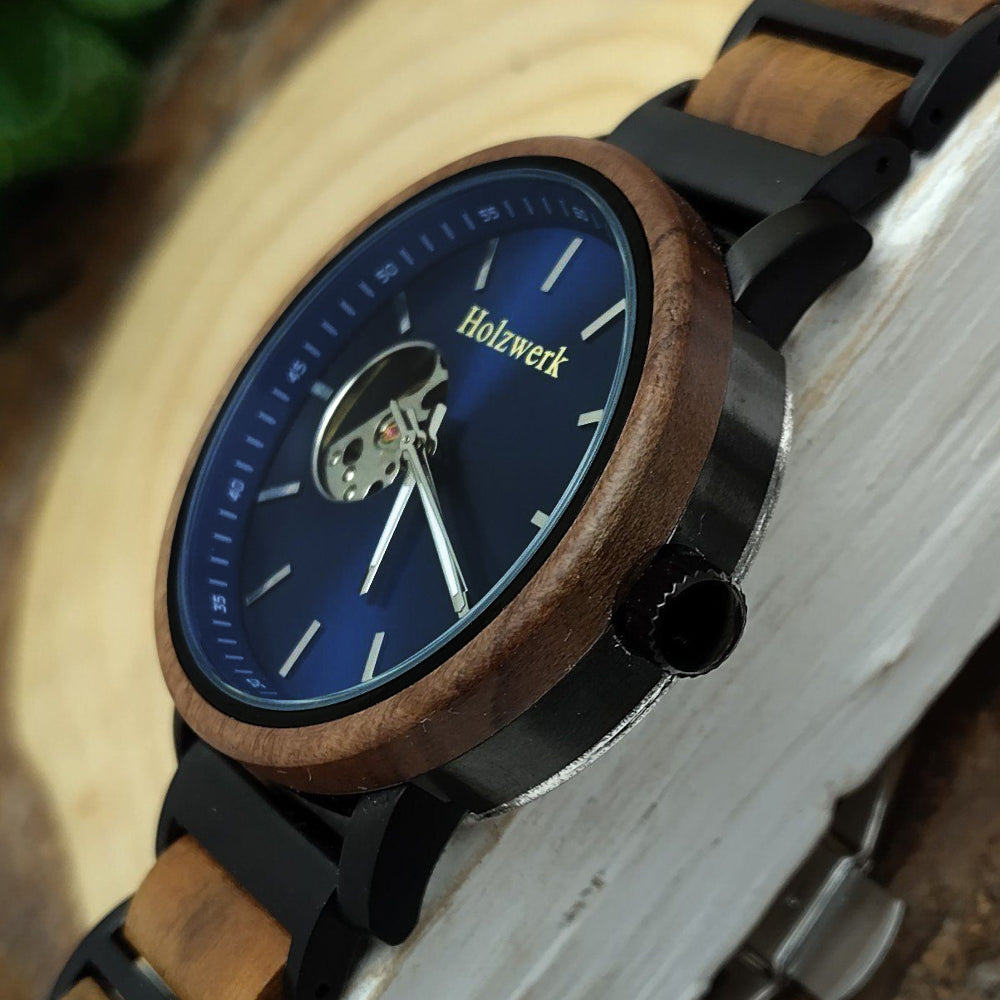 Holzwerk Men's Mechanical Automatic Wooden Watch Black Brown Blue
