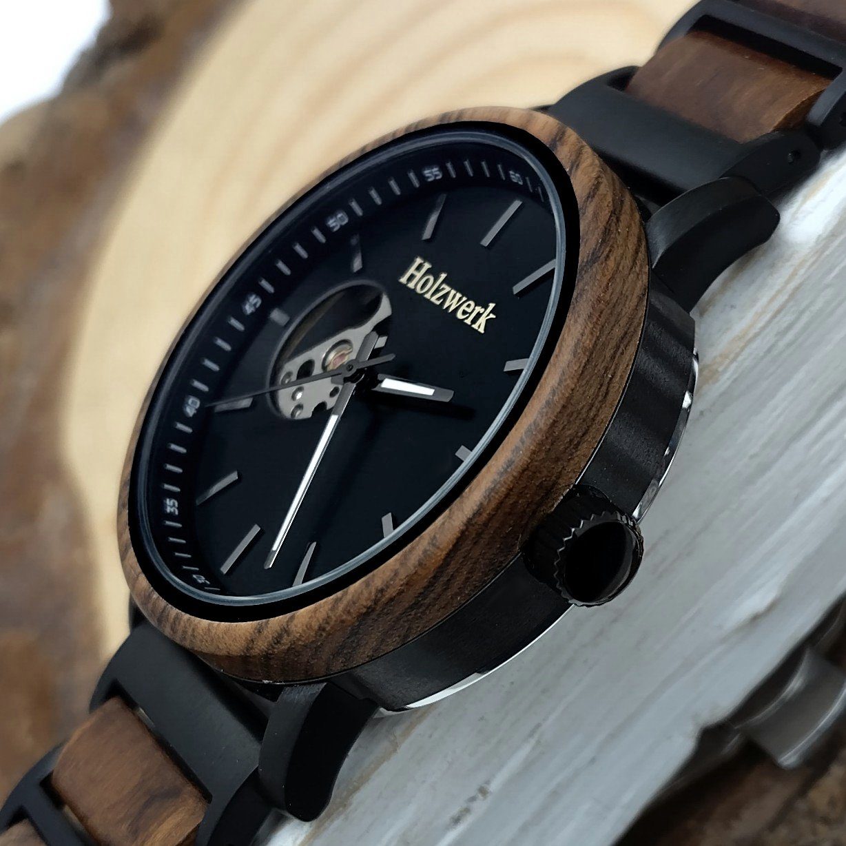 Holzwerk men's mechanical automatic wooden watch black brown
