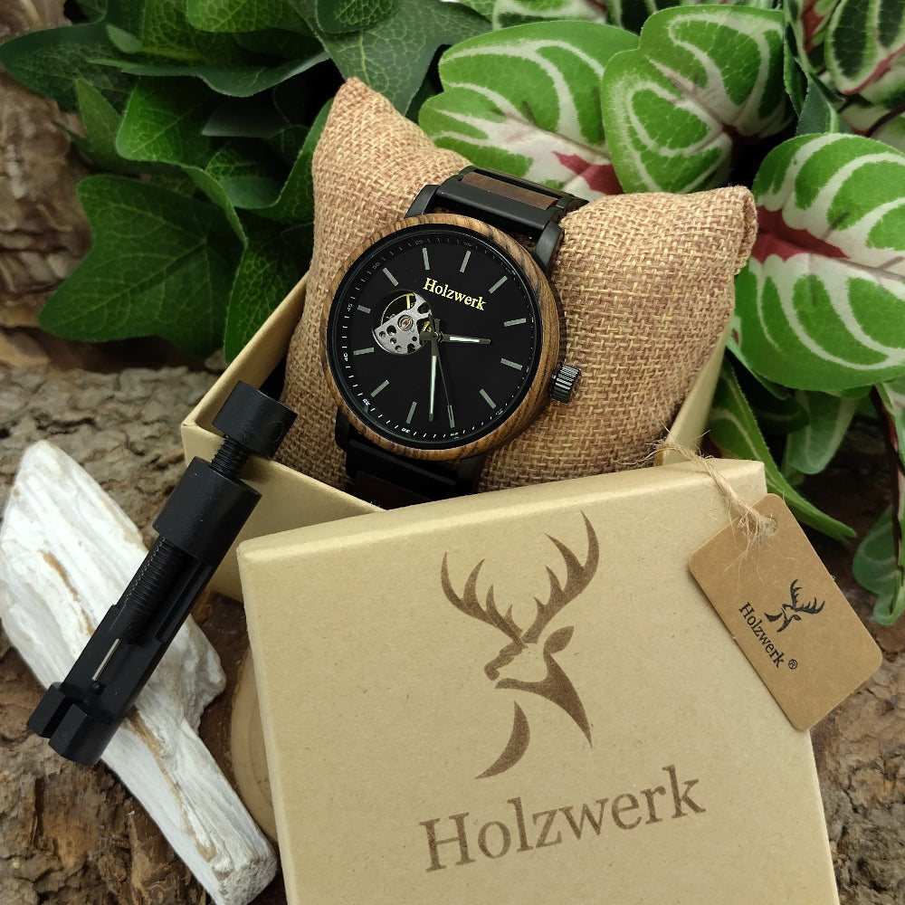 Holzwerk men's mechanical automatic wooden watch black brown