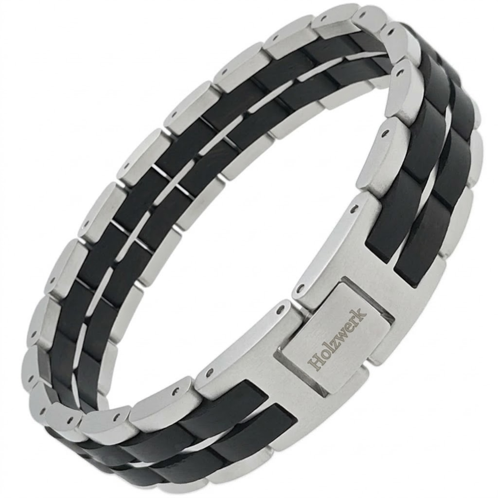 Holzwerk DEGERSEE silber-schwarzes Holz Armband aus Ebonyholz und Edelstahl mit Gliederkonstruktion Schrägansicht