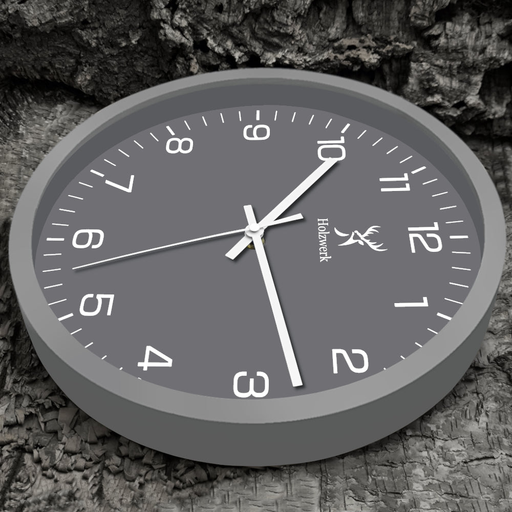 Holzwerk FRIEDBERG Designer Holz Wanduhr ohne Tick-Geräusche, Moderne Loft Stil Quarz Wand Uhr, 30 cm Durchmesser, grau, weiß, rechts liegend