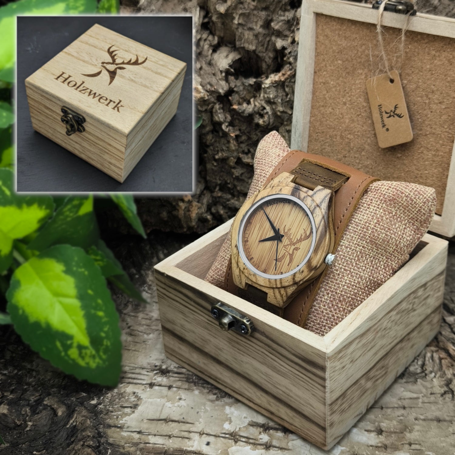 Holzwerk KEMBERG breite Damen und Herren Holz Armband Uhr mit Hirsch Logo, moderne Leder Armbanduhr, Designer Uhr in braun, beige, Uhrenbox