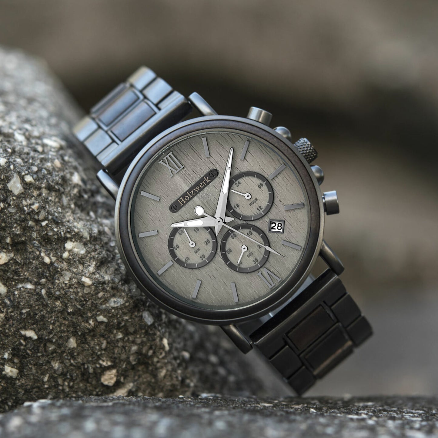 Holzwerk LAHSTEIN Holz Uhr Chronograph mit Datum, grau, schwarz, links liegend