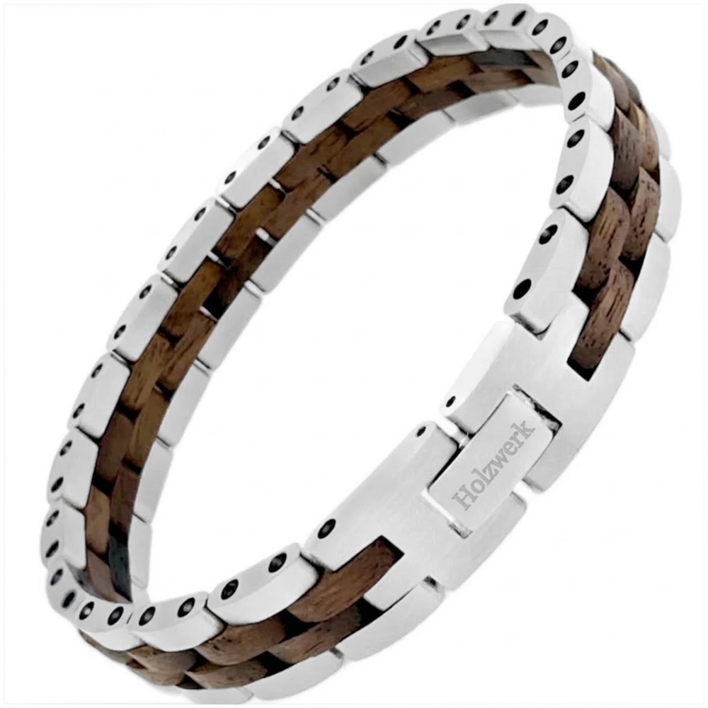 Holzwerk MELLENSEE silber-braunes Holz Armband aus Walnussholz und Edelstahl mit Gliederkonstruktion Schrägansicht