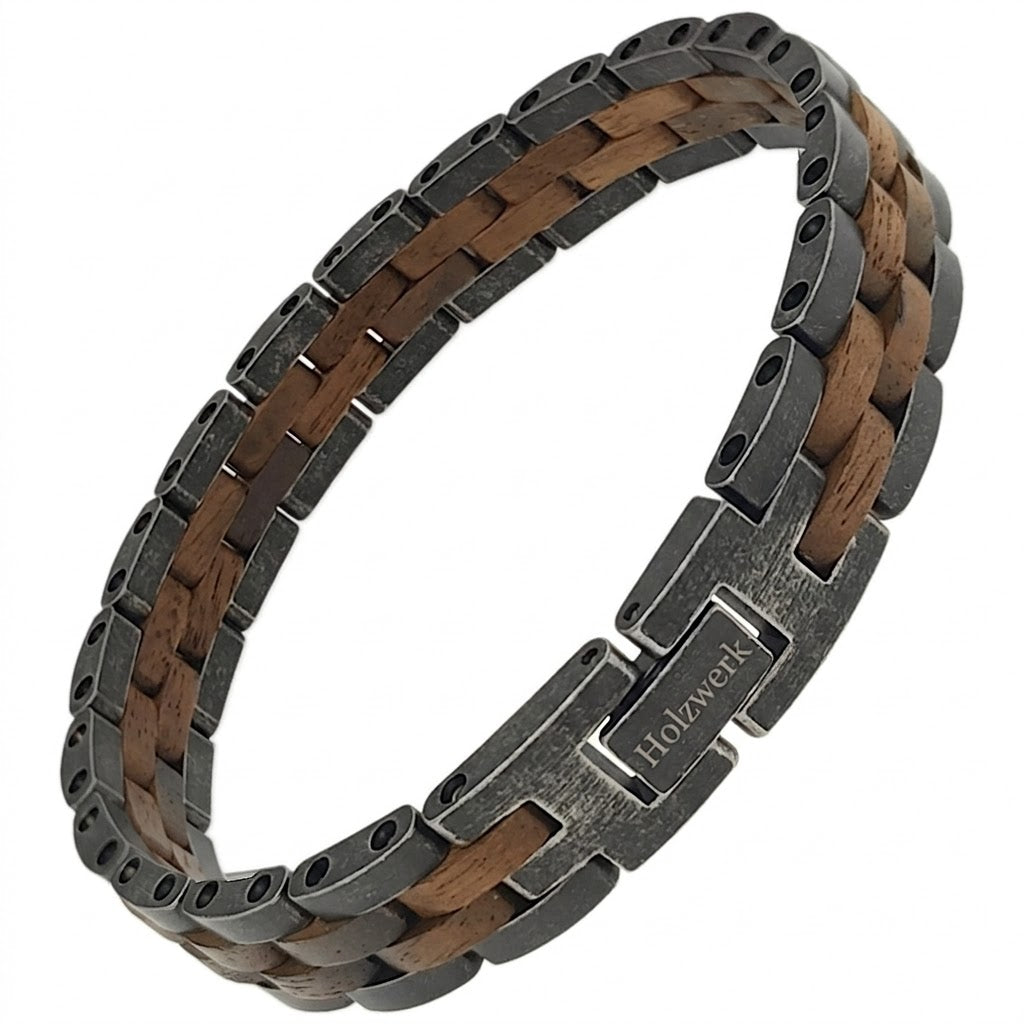 Holzwerk NIERSEE grau-braunes Holz Armband aus Walnussholz und Edelstahl mit Gliederkonstruktion Schrägansicht