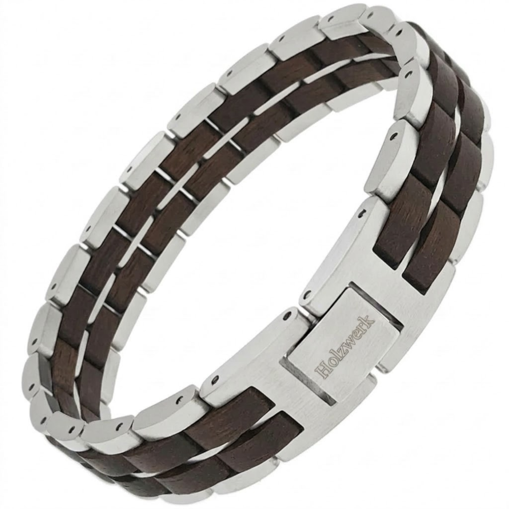 Holzwerk ORTHSEE silber-braunes Holz Armband aus Walnussholz und Edelstahl mit Gliederkonstruktion Schrägansicht