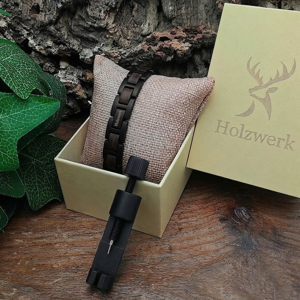 Holzwerk UNTERSEE schwarzes Holz Armband aus Ebonyholz und Edelstahl in Holzwerk Verpackung mit Armbandkürzer