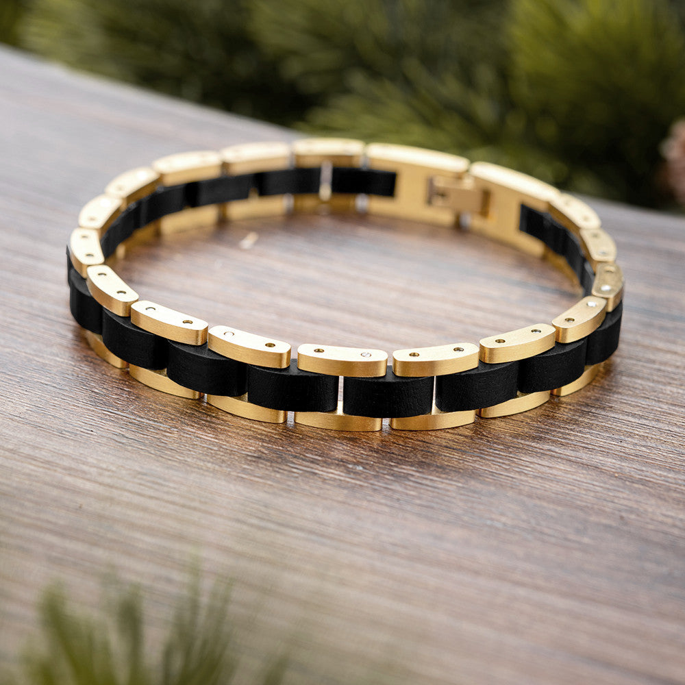 Holzwerk TEGERNSEE Damen und Herren Holz & Edelstahl Armband in gold, schwarz, Ansicht von Vorne