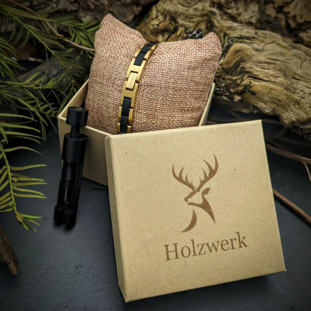 Holzwerk TEGERNSEE Damen und Herren Holz & Edelstahl Armband in gold, schwarz, Aufbewahrungsbox mit Armbandkürzer