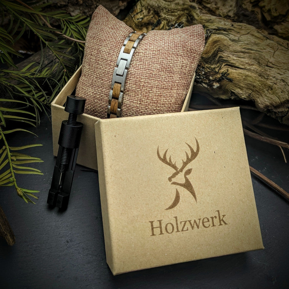 Holzwerk AMMERSEE Damen und Herren Holz & Edelstahl Armband in silber, braun, Aufbewahrungsbox mit Armbandkürzer