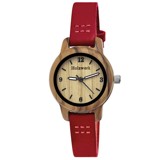 Holzwerk CLARA RED kleine Damen und Kinder Holz Uhr mit Leder Armband in dunkel rot, beige, Hauptbild von vorne