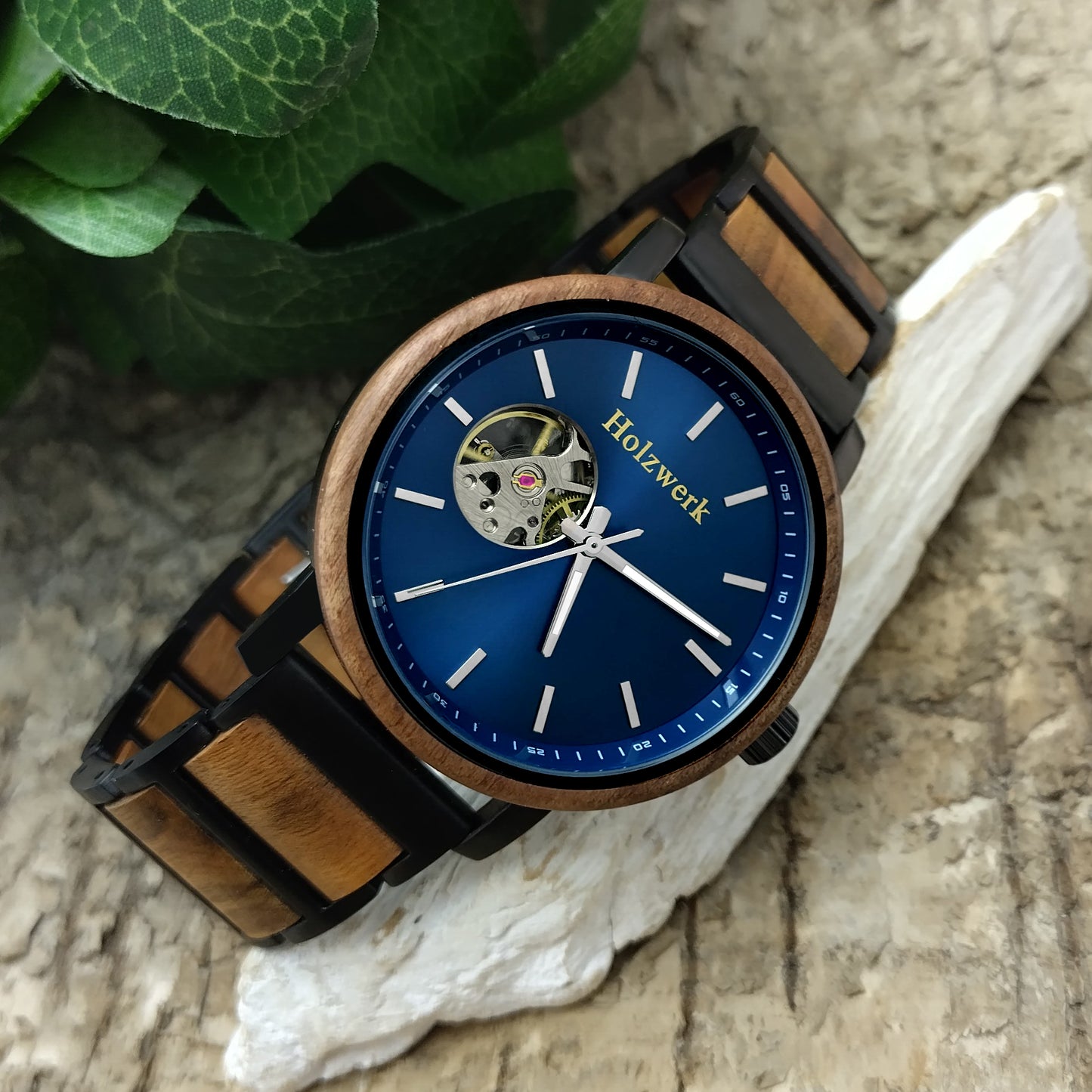 Holzwerk Men's Mechanical Automatic Wooden Watch Black Brown Blue