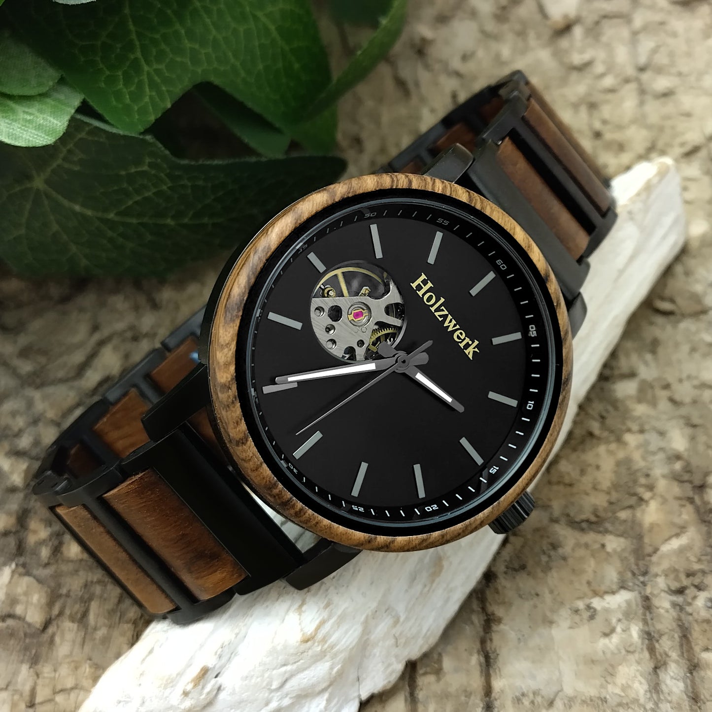 Holzwerk men's mechanical automatic wooden watch black brown