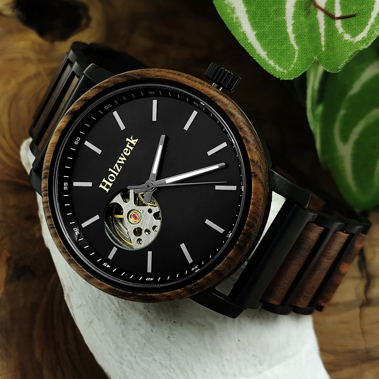 Holzwerk men's mechanical automatic wooden watch black brown