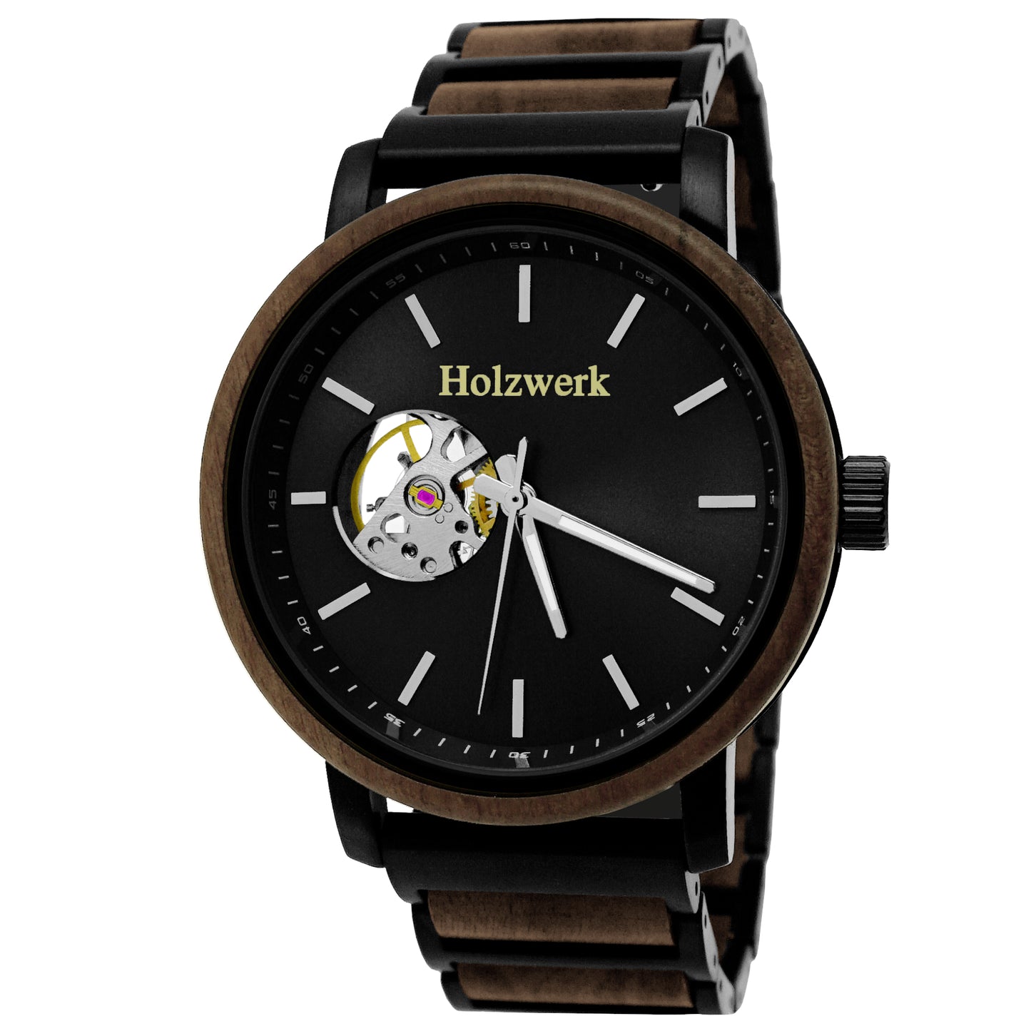 Holzwerk men's mechanical automatic wooden watch black brown