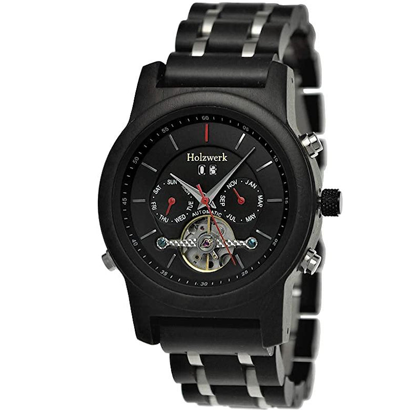 Holzwerk Herren Automatik Datum Holzuhr Holz Uhr Schwarz Rot