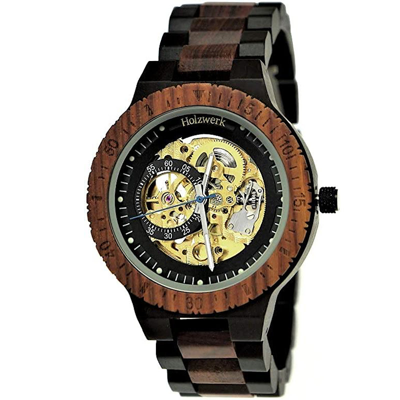 Holzwerk Herrenuhr Holz Automatik Uhr in Schwarz Dunkelbraun Gold Blau