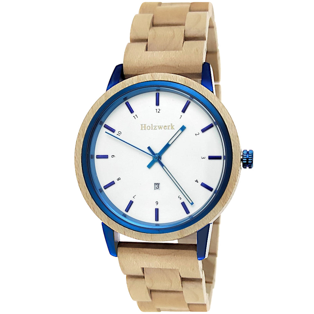 Holzwerk HEIDENAU Edelstahl Holz Uhr mit Datum in beige, weiß, blau