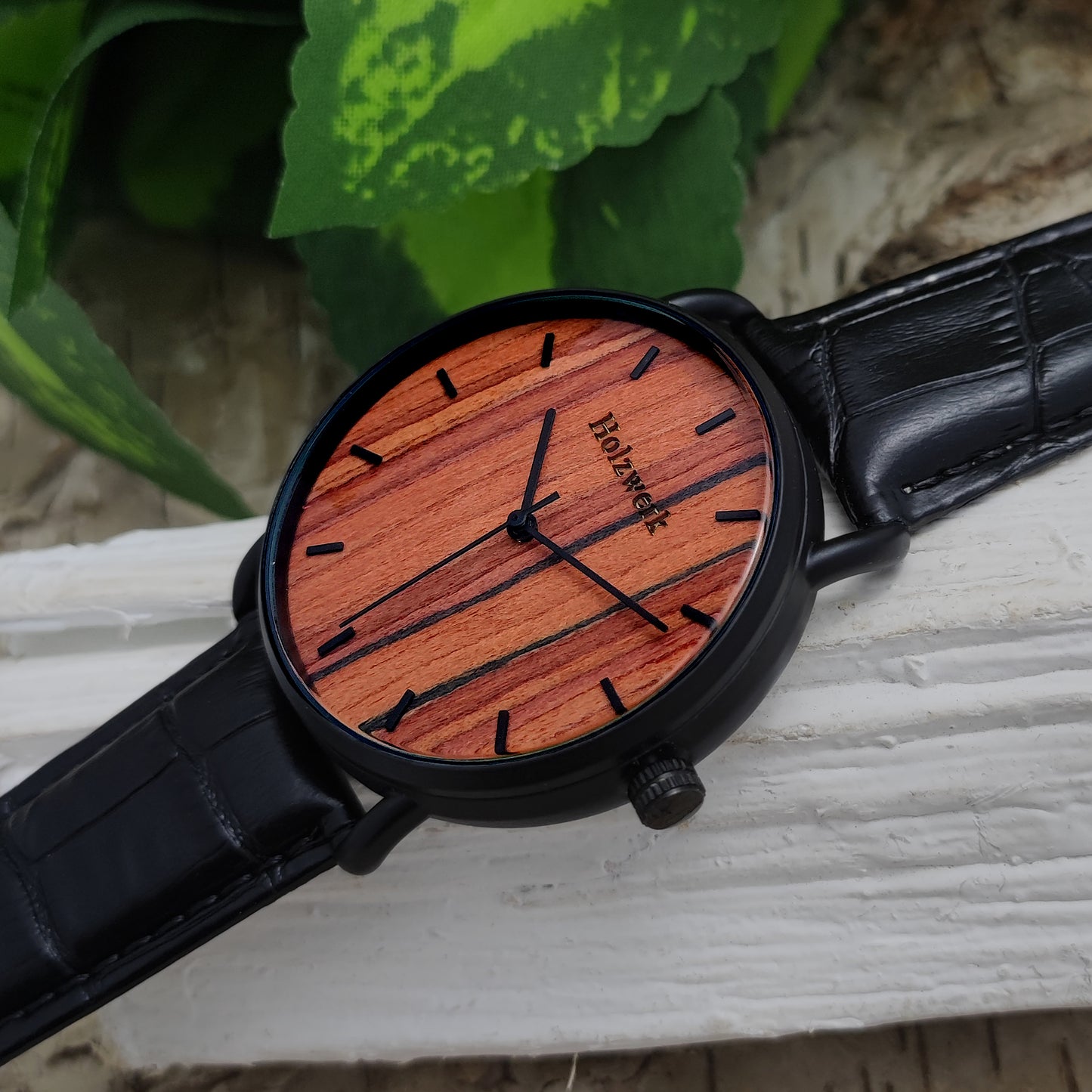 Holzwerk Damen & Herren Datum Holzuhr Leder Armbanduhr Schwarz Braun