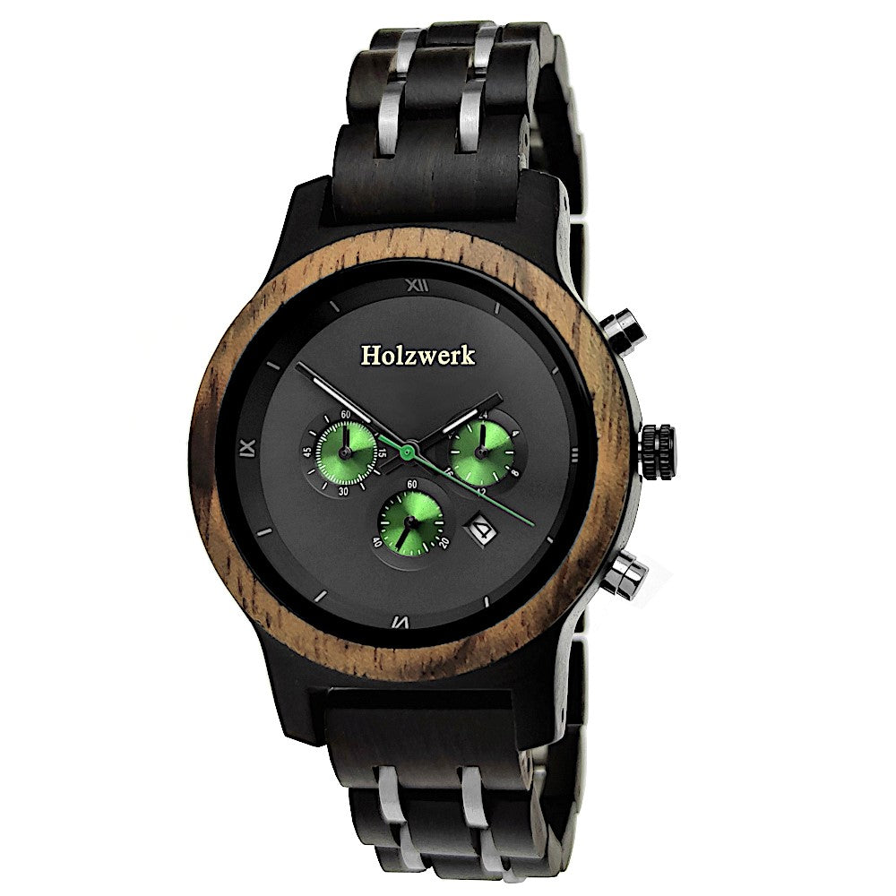 Holzwerk Damen & Herren Chronograph Datum Holzuhr Schwarz Grün Silber - Holzwerk