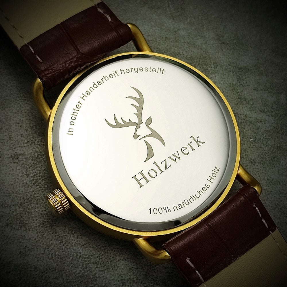 Holzwerk Damen & Herren Holzuhr Leder Epoxidharz Uhr Braun Grün Gold