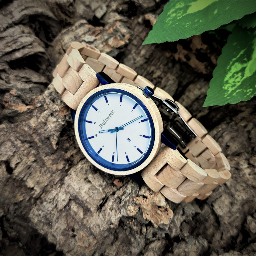 Holzwerk Damen & Herren Holzuhr Holz Armbanduhr Beige Weiß Blau - Holzwerk