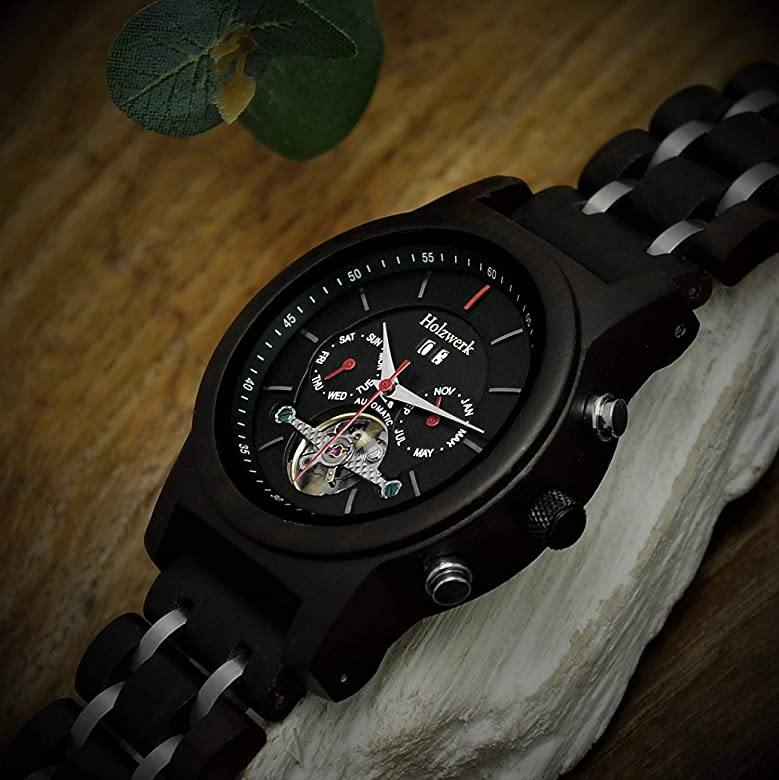 Holzwerk Herren Automatik Datum Holzuhr Holz Uhr Schwarz Rot