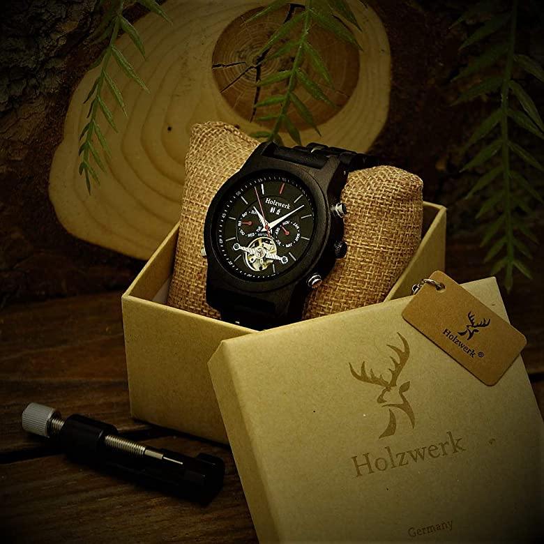 Holzwerk Herren Automatik Datum Holzuhr Holz Uhr Schwarz Rot