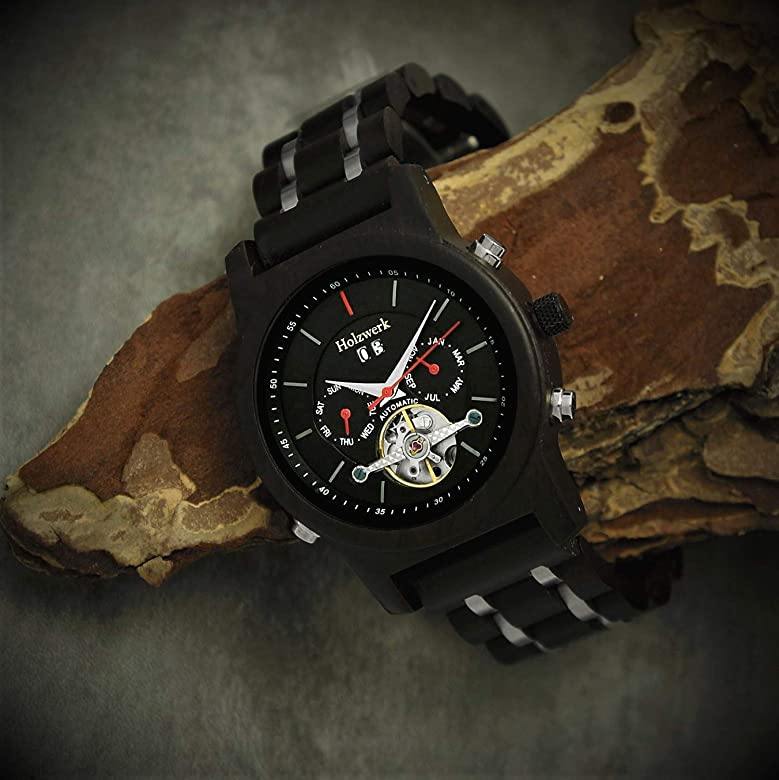 Holzwerk Herren Automatik Datum Holzuhr Holz Uhr Schwarz Rot