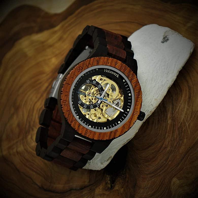 Holzwerk Herrenuhr Holz Automatik Uhr in Schwarz Dunkelbraun Gold Blau