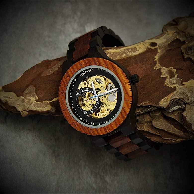 Holzwerk Herrenuhr Holz Automatik Uhr in Schwarz Dunkelbraun Gold Blau