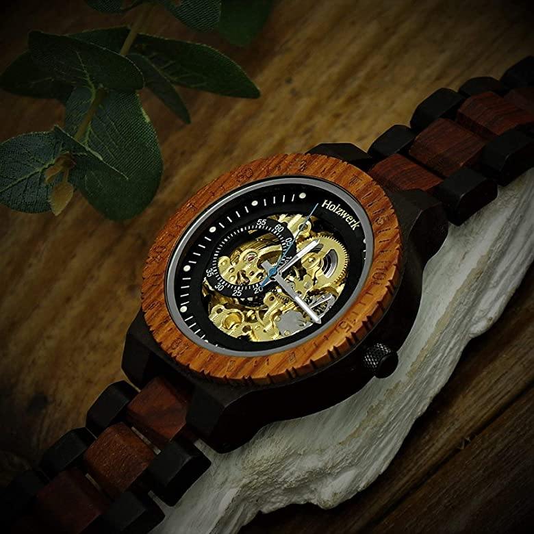 Holzwerk Herrenuhr Holz Automatik Uhr in Schwarz Dunkelbraun Gold Blau