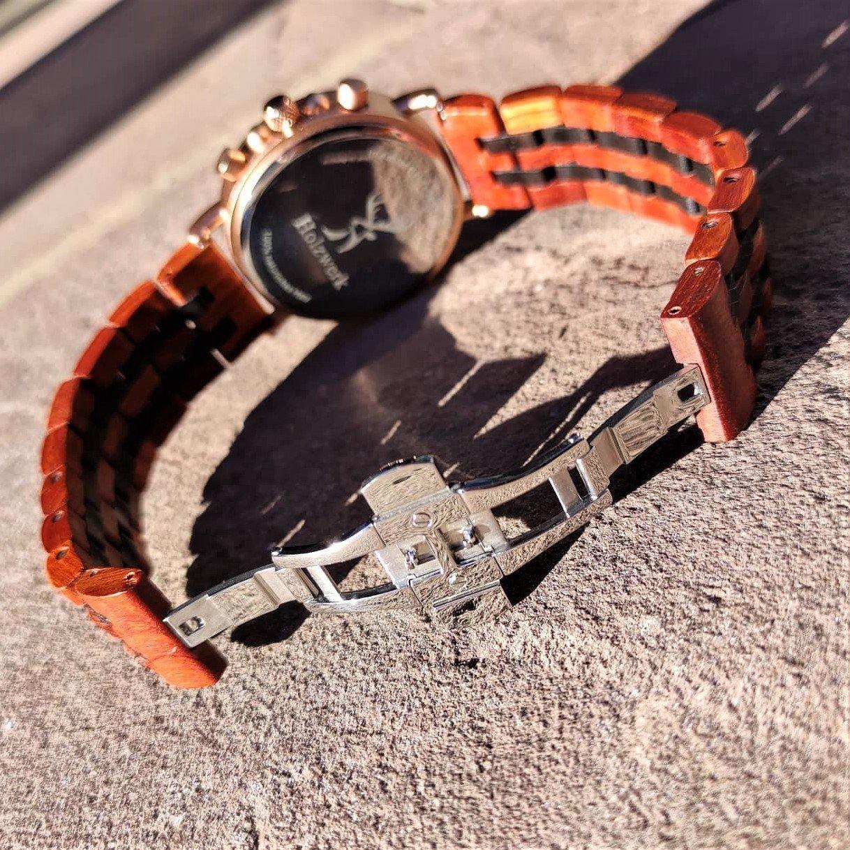Holzwerk BELGERN Damen, Herren Chronograph Holz & Edelstahl Armband Uhr, Datum, moderne Armbanduhr, Holzuhr, braun, schwarz, rot, rose gold, Doppelfaltschließe