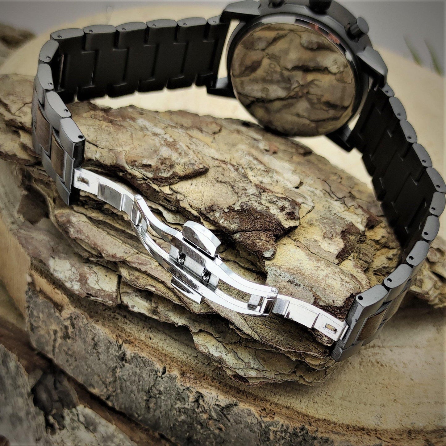 Holzwerk BRUCHSAL Damen, Herren Chronograph Holz & Edelstahl Armband Uhr, Datum, moderne Armbanduhr, modische Holzuhr, Schwarz, weiß, Doppelfaltschließe