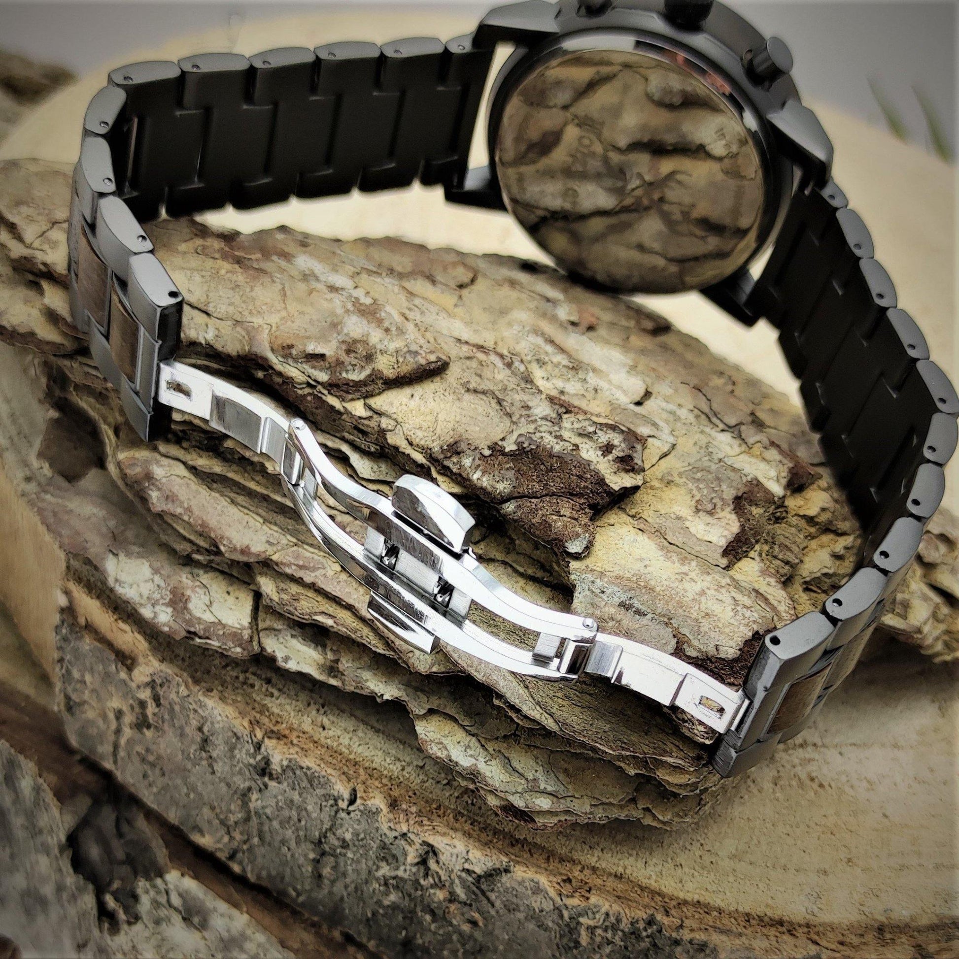 Holzwerk BRUCHSAL Damen, Herren Chronograph Holz & Edelstahl Armband Uhr, Datum, moderne Armbanduhr, modische Holzuhr, Schwarz, weiß, Doppelfaltschließe