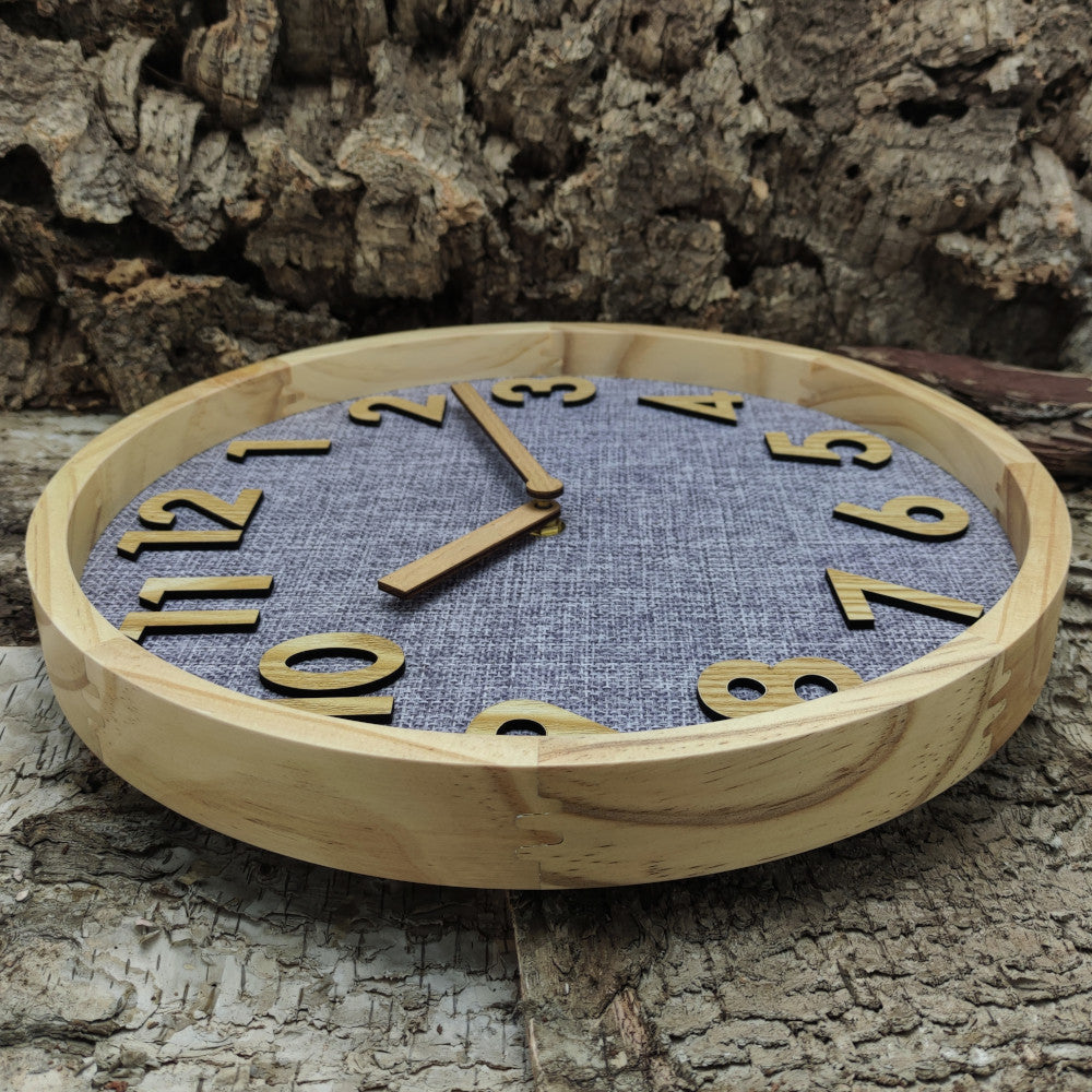 Holzwerk Natur Holz Wanduhr Stoff Textil Leinen Zifferblatt Grau - Holzwerk