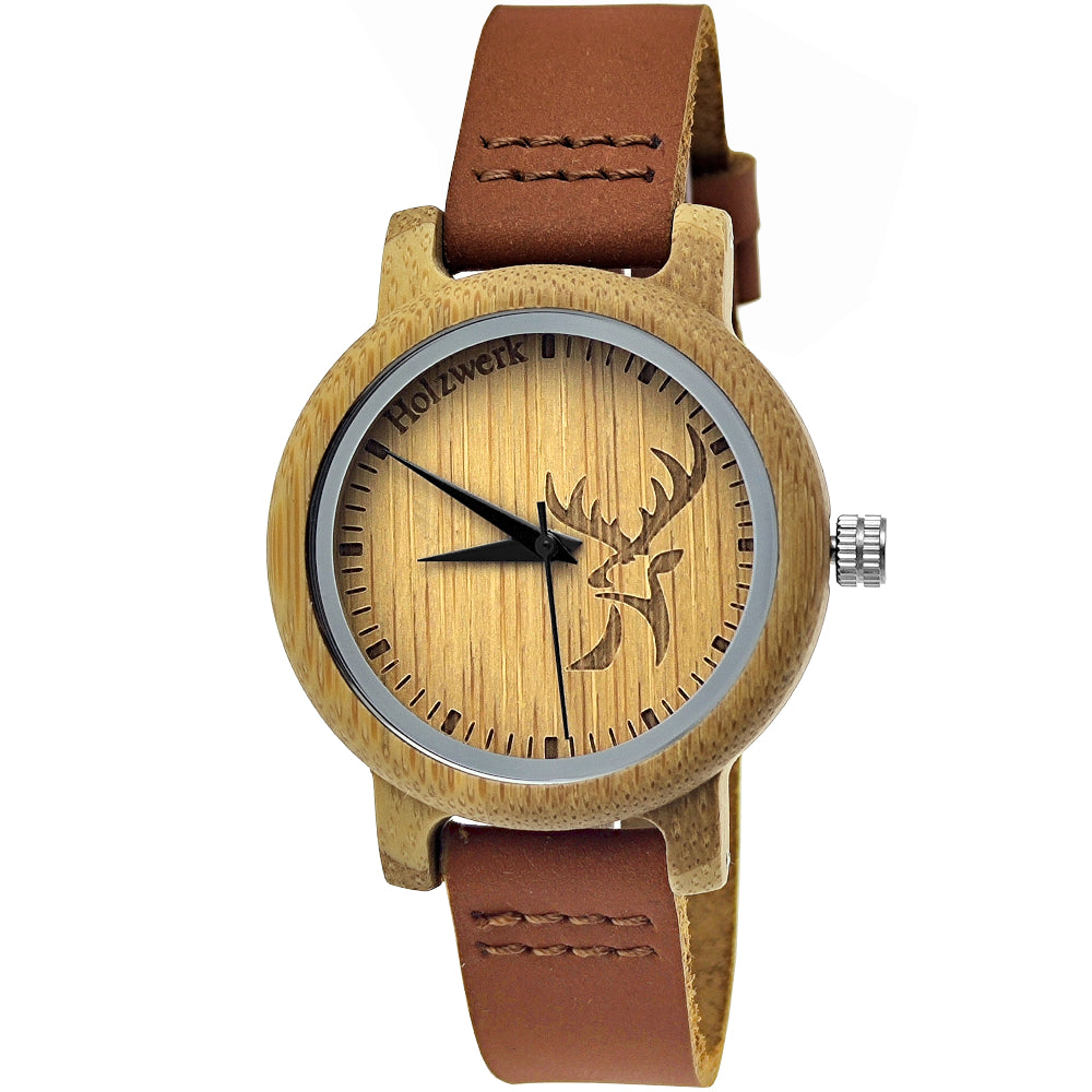 Holzwerk Damenuhr kleine Holz Armbanduhr mit Hirsch Logo in Braun beige - Holzwerk