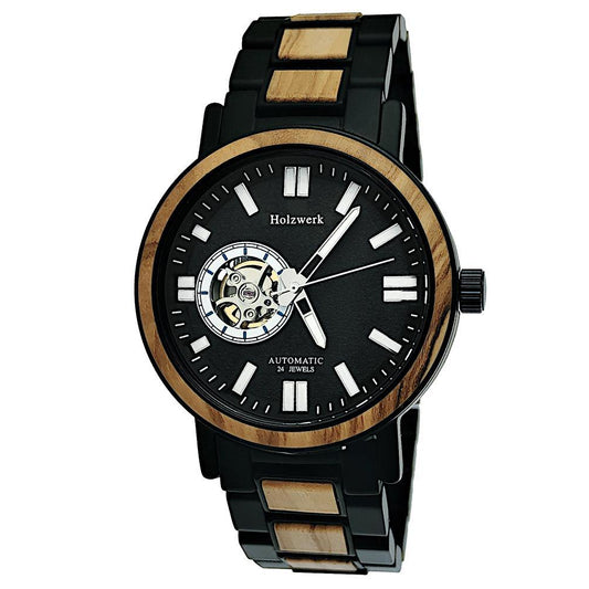 Holzwerk DORNBURG Damen, Herren Automatik Holz & Edelstahl Armband Uhr, moderne Automatikuhr, modische Armbanduhr in schwarz, beige, weiß, Hauptbild