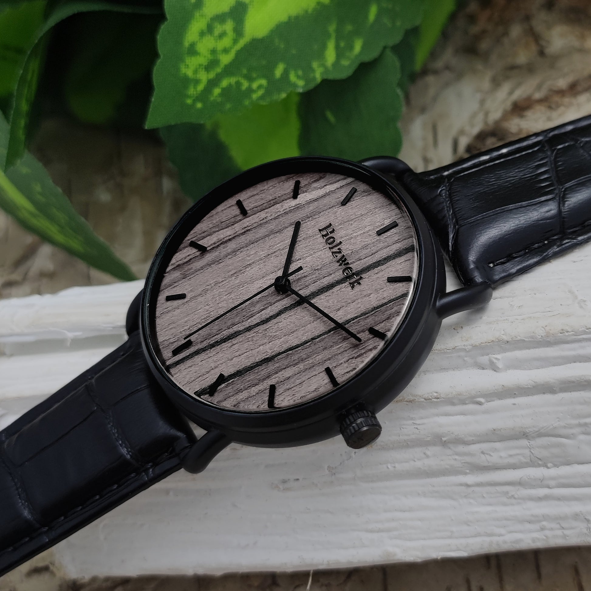 Holzwerk Damen & Herren Datum Holzuhr Leder Armbanduhr Schwarz Braun